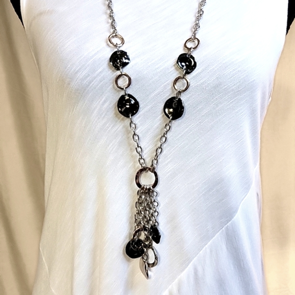 Stein Mart Long Silver Plated Rope Black Metal Y Tassel Necklace 40.5" - Picture 2 of 6